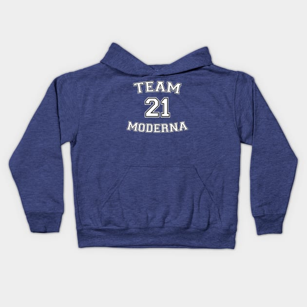 Vaccine pride: Team Moderna (white college jersey typeface with black outline) Kids Hoodie by Ofeefee